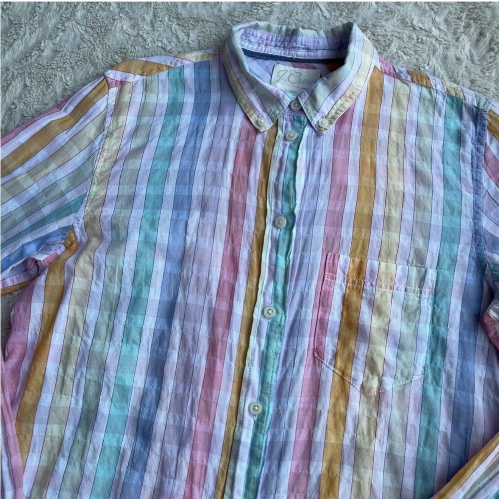 J. Crew rainbow crinkle gingham classic-fit shirt button-down long sleeve AW856